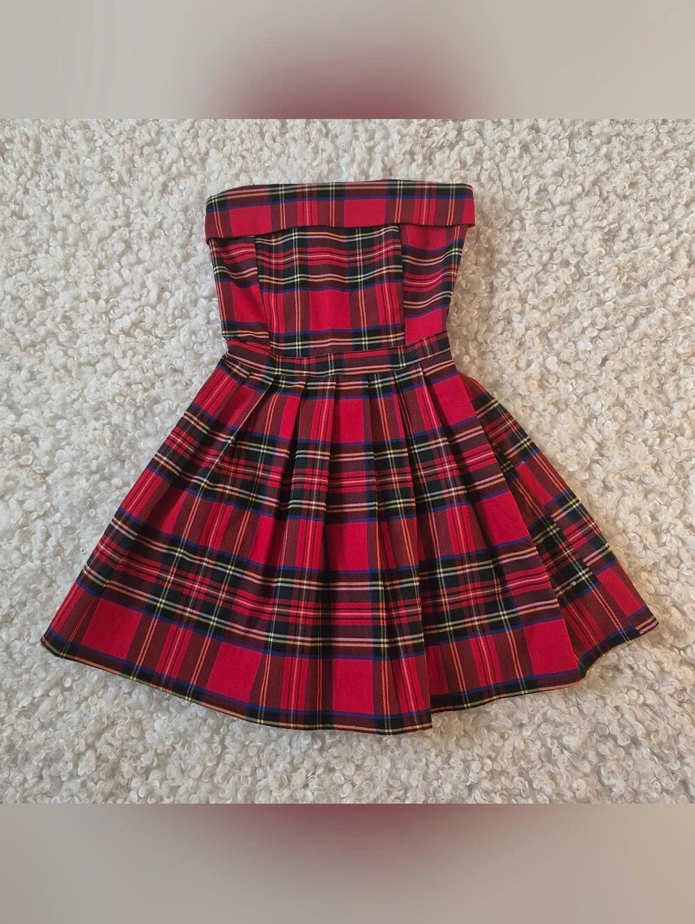 ​Red Plaid Strapless Mini Dress Pleated Tartan Dark Academia Coquette Party XS - Picture 3 of 10
